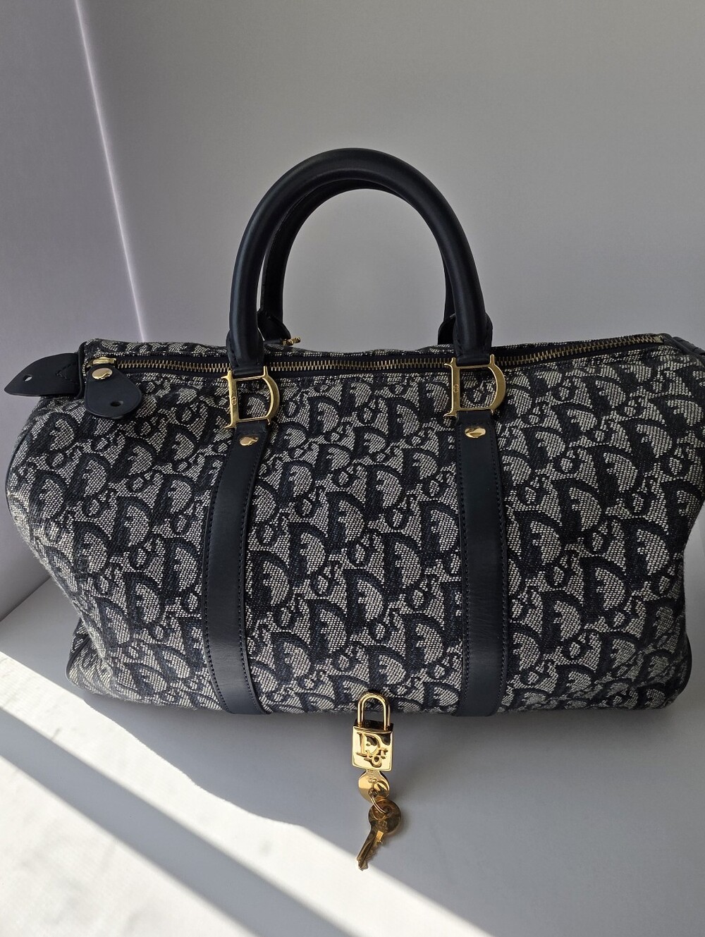 Vintage Dior Trotter Oblique Boston Bag Navy Blue Gold Hardware